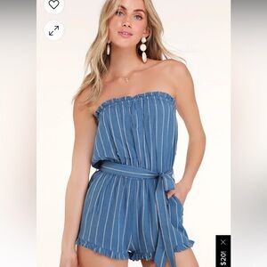 Billabong Flower Days Blue and White Striped Strapless Romper